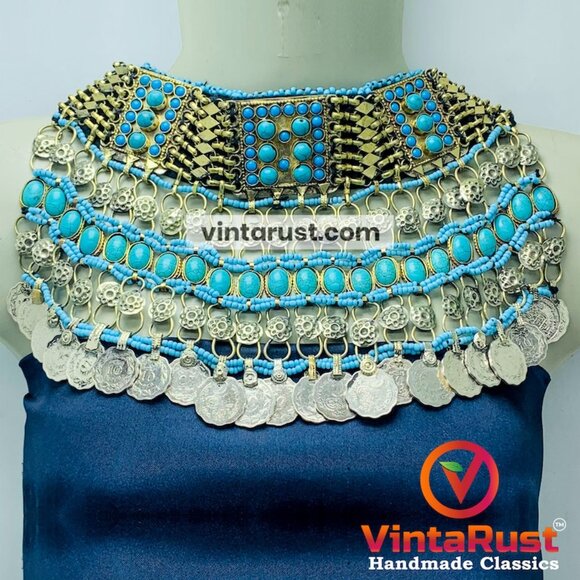 Turquoise Beaded and Stone Choker Necklace With Vintage Dangling Coins - Picture 2 of 15